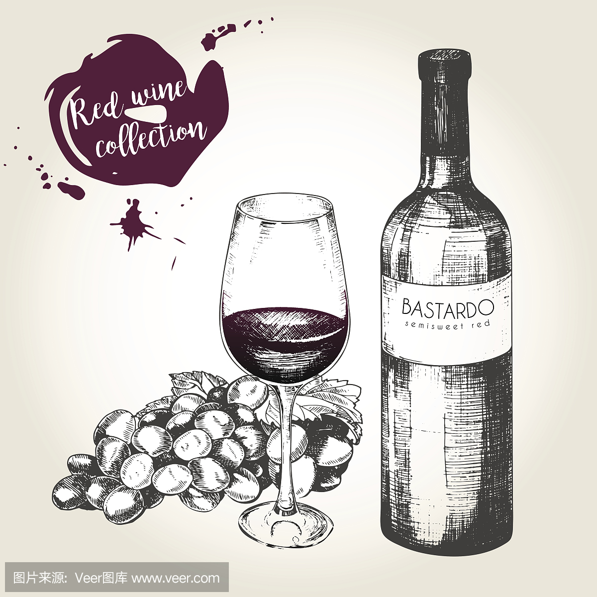 向量集红酒复古风格。瓶子,玻璃杯和葡萄。